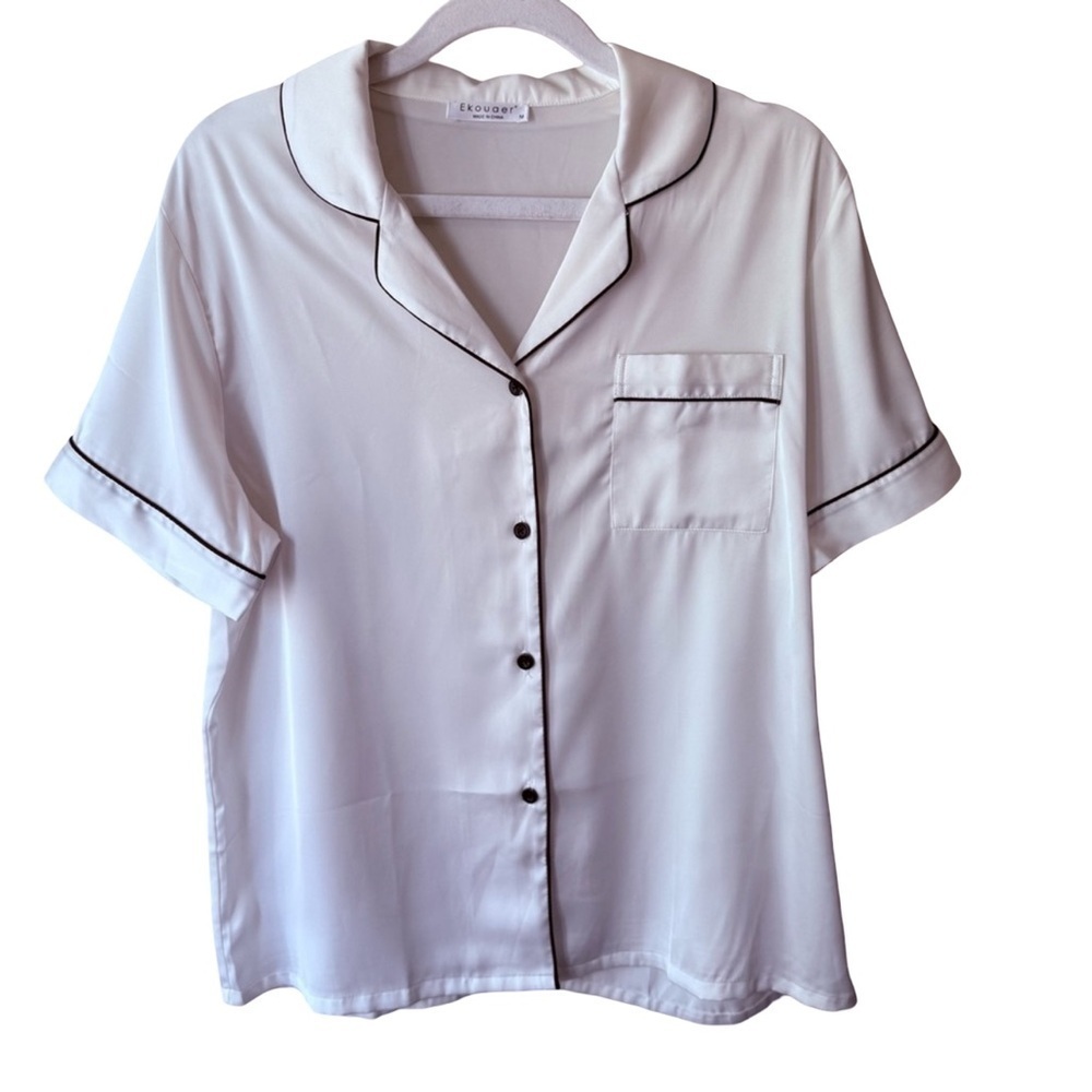 Ekouaer White Button Down Pajama Shirt with Notched Collar Women’s M